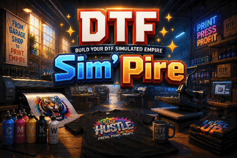 DTF Sim'pire splash artwork showing the DTF printing business simulator