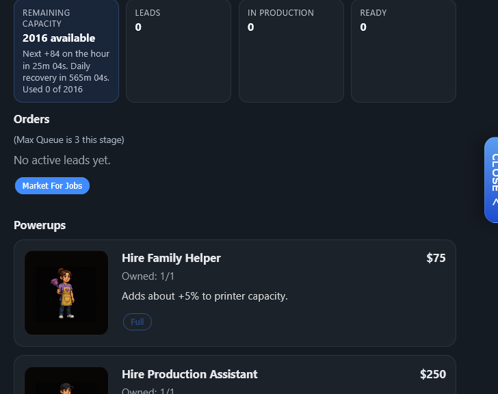 DTF Sim'pire gameplay view showing remaining capacity, empty leads, and early powerups