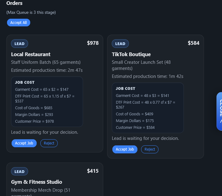 DTF Sim'pire lead cards showing job pricing, cost breakdowns, and accept or reject decisions
