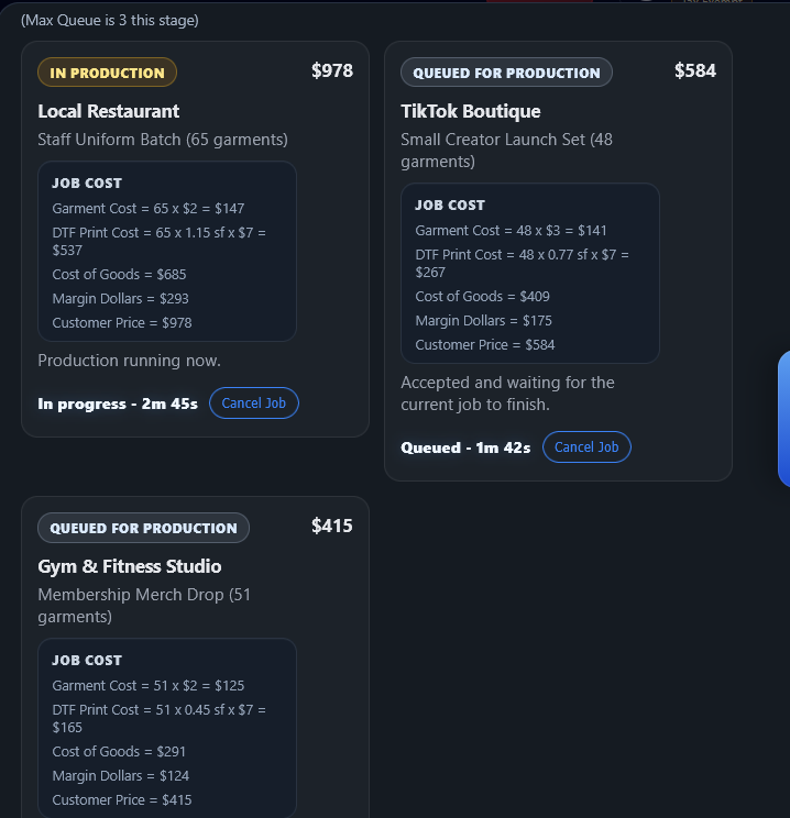DTF Sim'pire orders in production and queued for production with timing and customer job details
