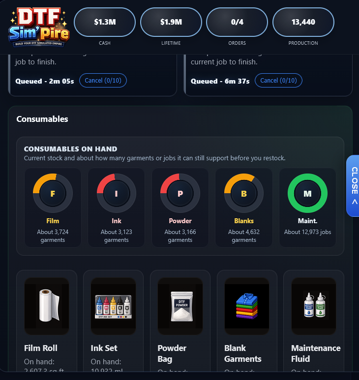 DTF Sim'pire consumables screen showing film, ink, powder, blanks, and maintenance fluid inventory plus restock cards